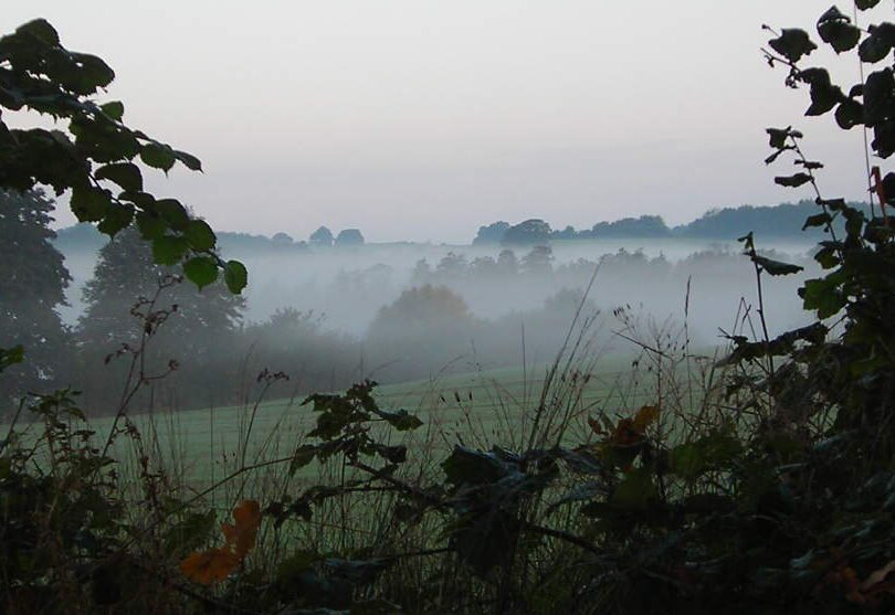 Hügellandschaft im Nebel in Schlesweg-Holstein