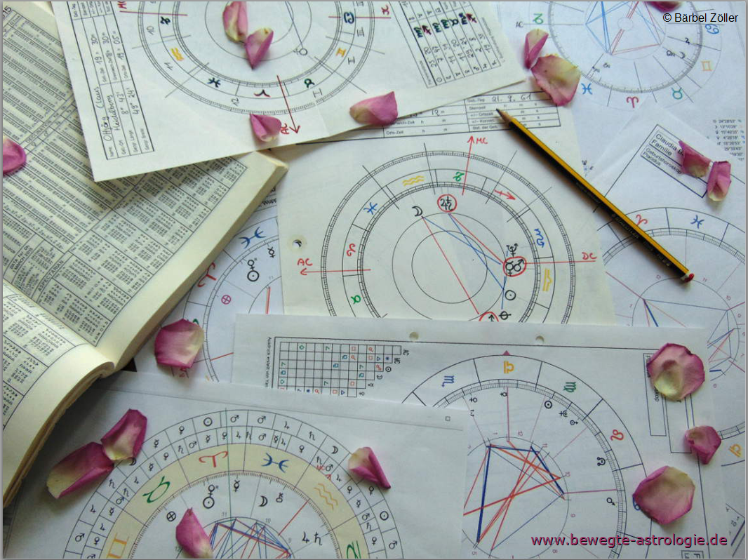 Horoskopzeichnungen und Ephemeriden mit Bleistift und Rosenblättern