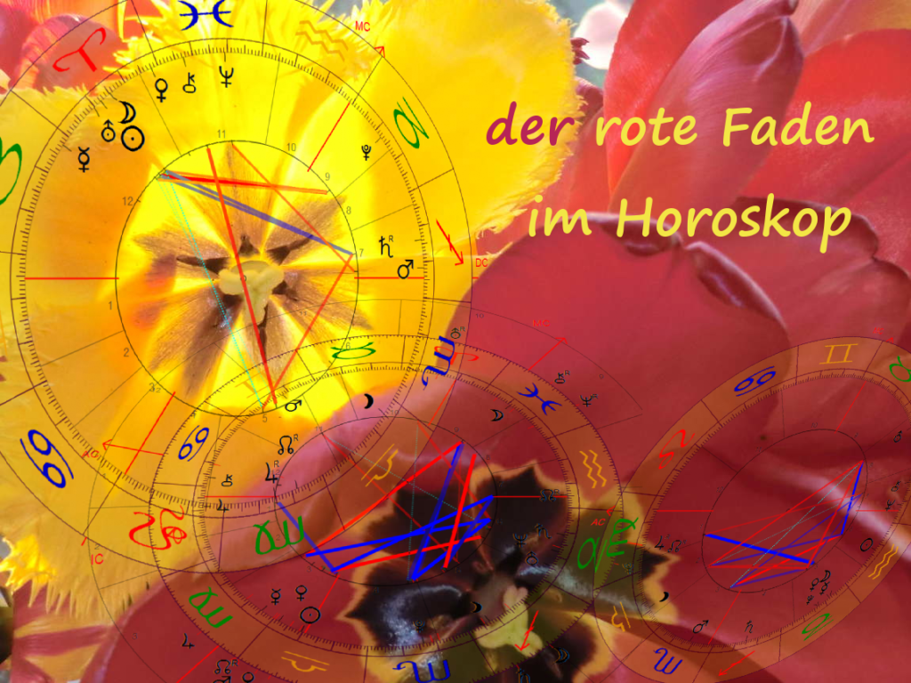 zwei weit aufgeblühte Tulpen in rot und gelb mit Horoskopgrafiken im Vordergrund