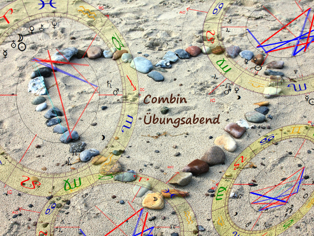 Ein Herz aus bunten Steinen am Strand und Horoskopgrafiken