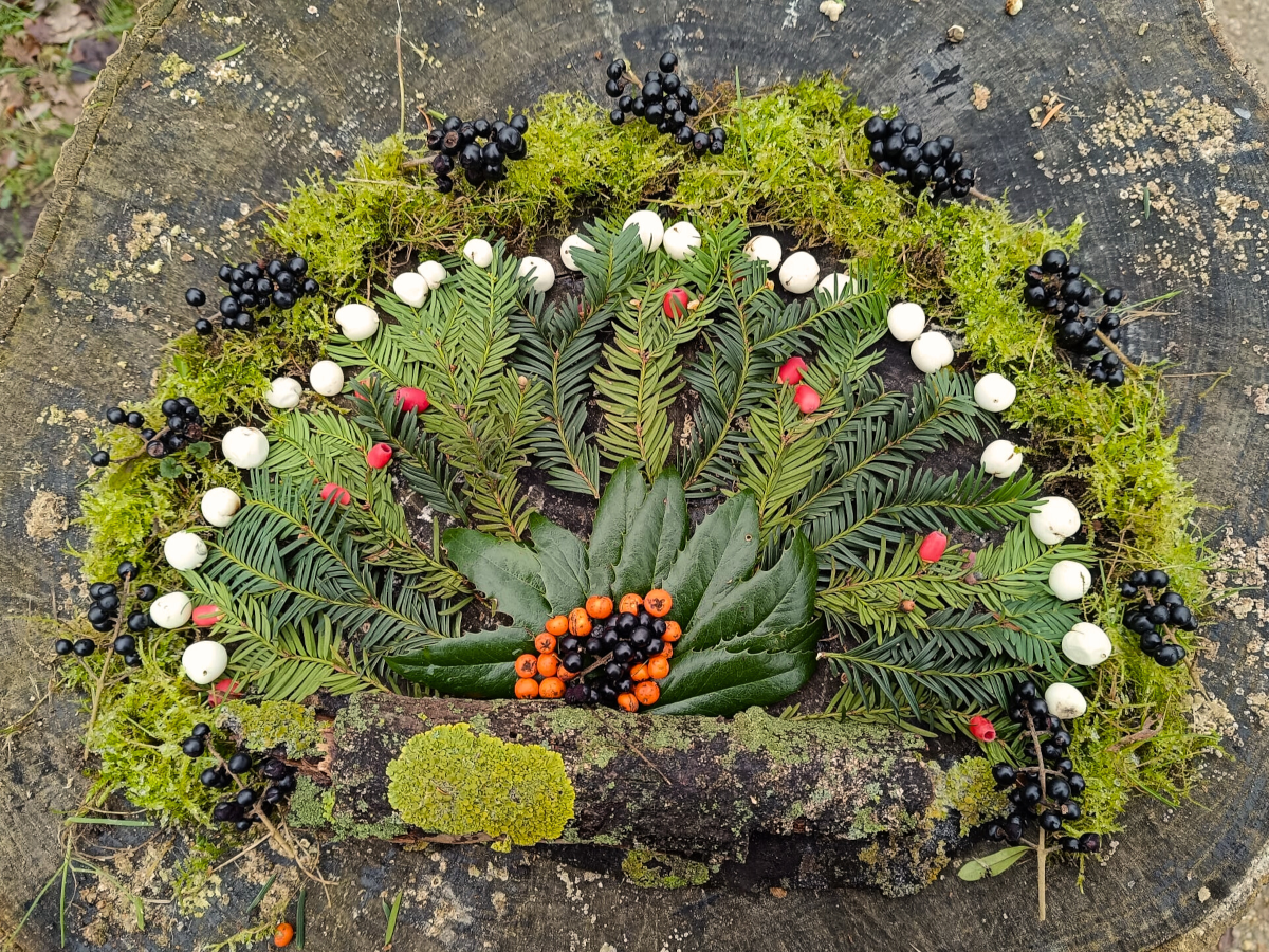 Mandala aus Rinde, Zweigen, Blättern, Moos und Beeren